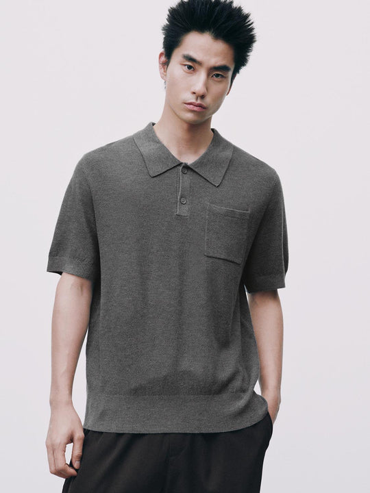 Textured Knit Polo Collar Pocket T-shirt