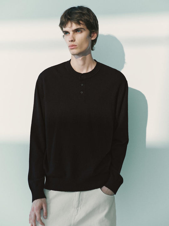 Ribbed Knit Button Placket Long Sleeve Sweater