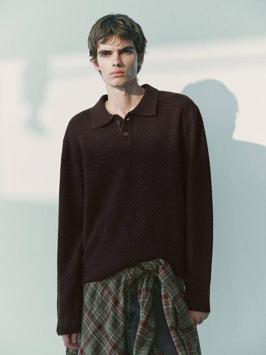 Textured Long Sleeve Polo Collar Knit Sweater