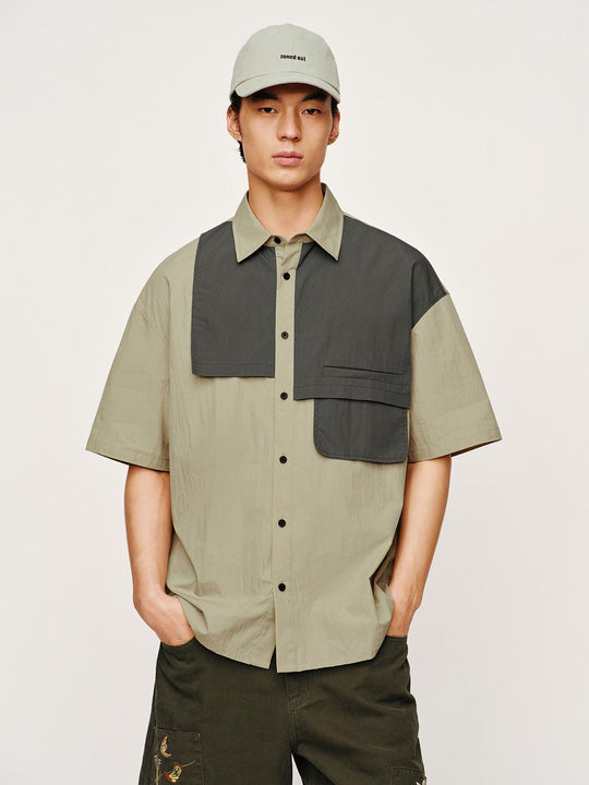 Color Block Patchwork Cotton Blend Lightweight Stretch Short Sleeve Shirts