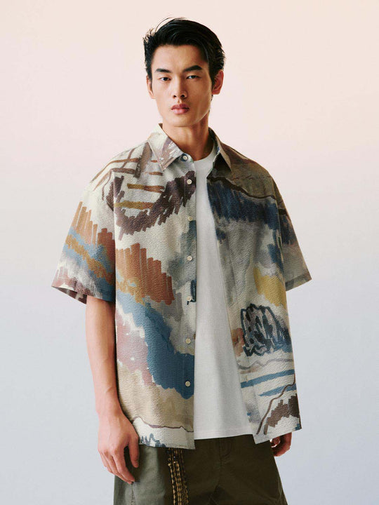 Abstract Landscape Print One Hundred Percent Polyester Shirt