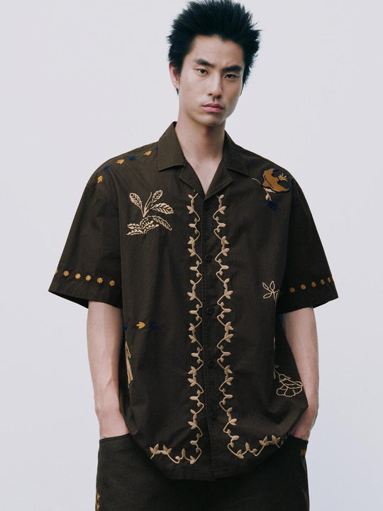 Embroidered Vine Motif Front Panels Cotton Shirt