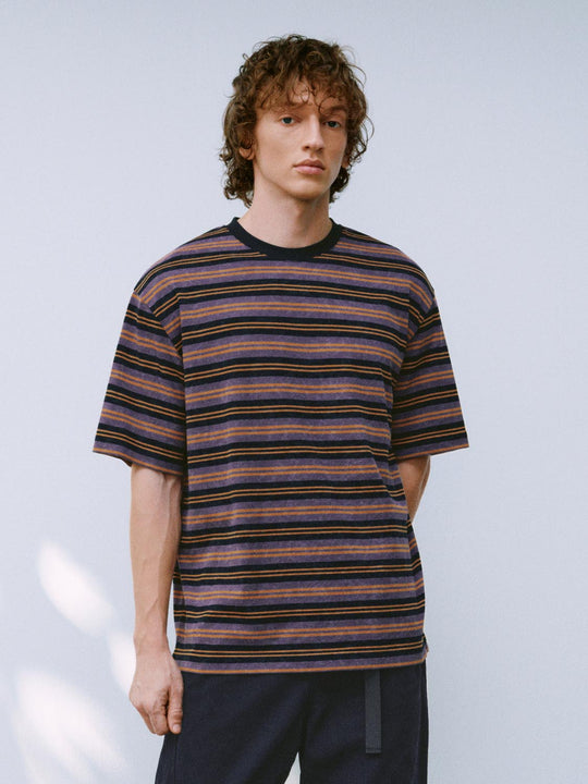 Contrast Striped Textured Weave Short Sleeve T-Shirts