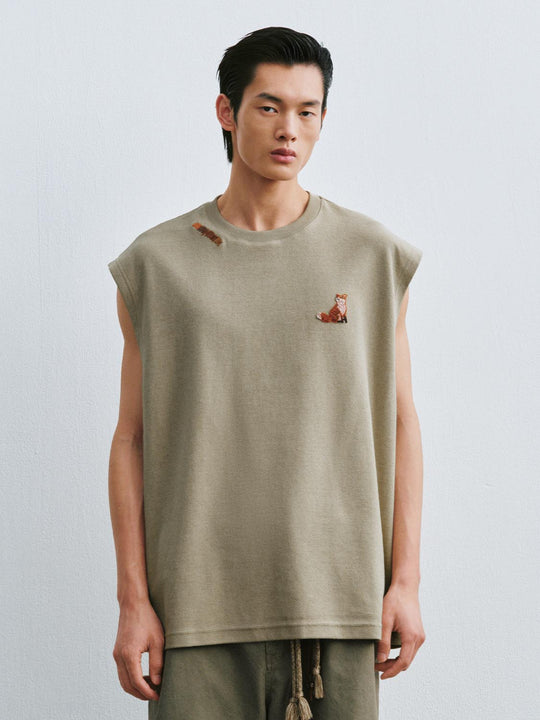 Embroidered Fox Cotton Blend Sleeveless T-Shirts