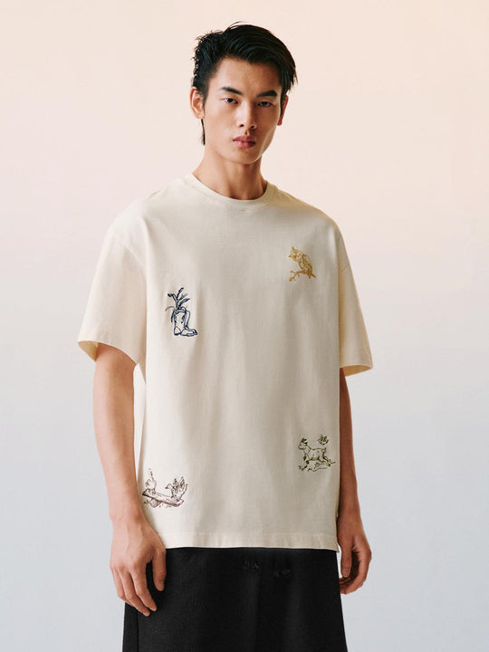Embroidered Botanical Motifs Cotton T-shirt
