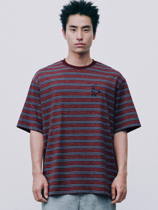 Crew Neck Embroidery Loose Fit Striped Short Sleeve T-Shirt
