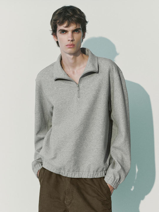 Textured Quarter-zip Long Sleeve Cotton Blend Sweatshirt