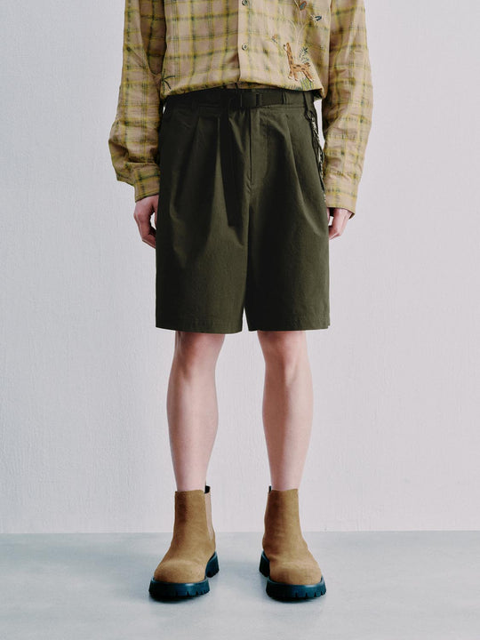 Cotton Pleated Front With Belt Loops Shorts