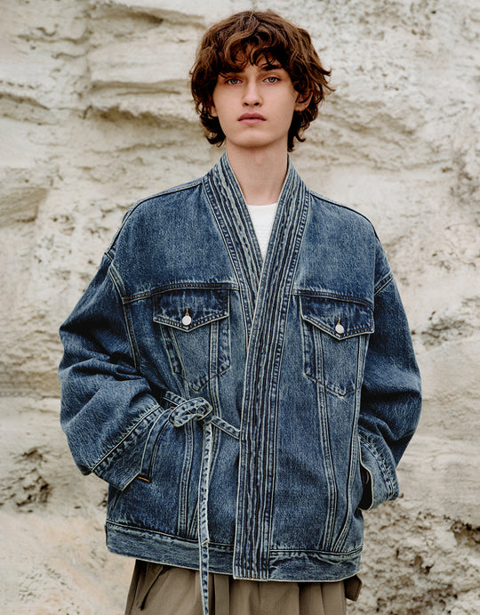 Wrap Tie Waist Textured Oversized Denim Jacket