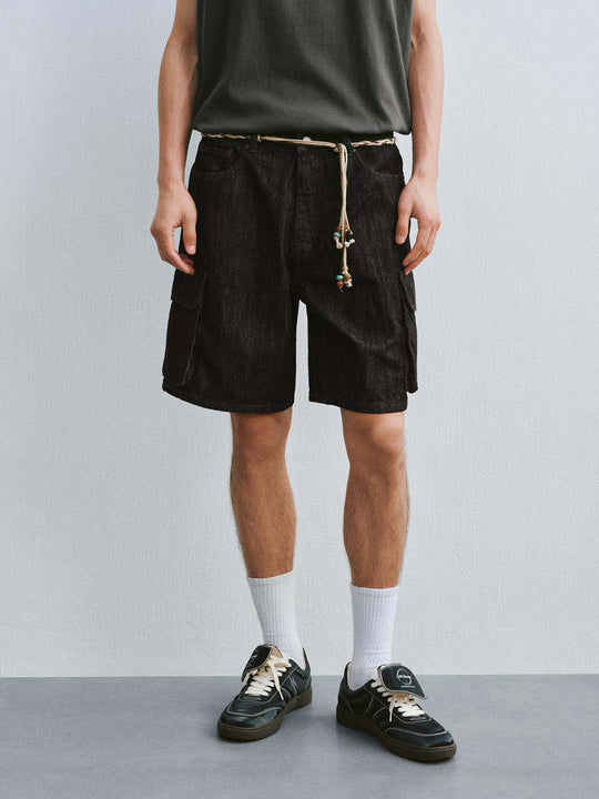 Cotton Cargo Pockets With Beaded Rope Belt And Subtle Textured Weave For Relaxed Silhouette Shorts