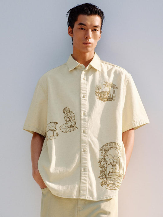 Boxy Embroidered Print Short Sleeve Shirt