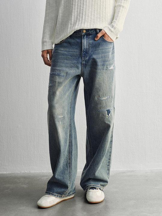 Ripped 100 Percent Cotton Wide-leg Jeans