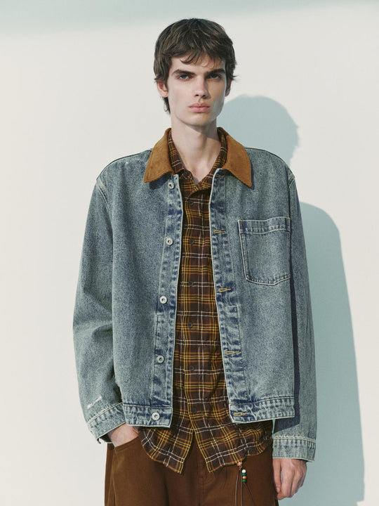 Button Front Faded Corduroy Collar Cotton Denim Jacket