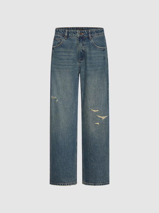 Distressed Wide-leg Mid-rise Cotton Jeans