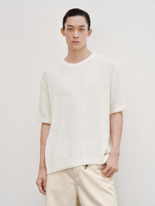 Ribbed Knit Textured Crew Neck Cotton T-shirt