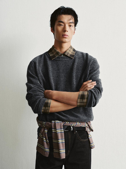 Checked Collar Long Sleeve Textured Knit Sweater