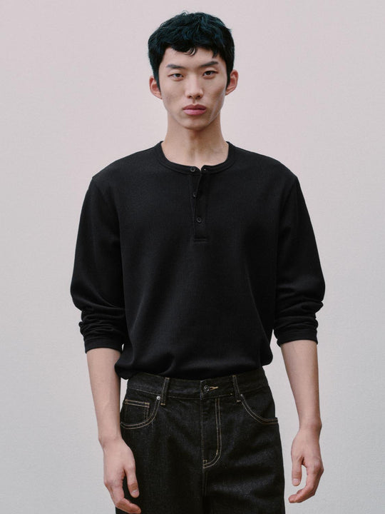 Ribbed Button Placket Long Sleeve Cotton Blend T-Shirt