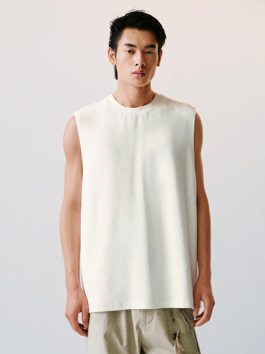 Textured Crew Neck Sleeveless Cotton Tank Top