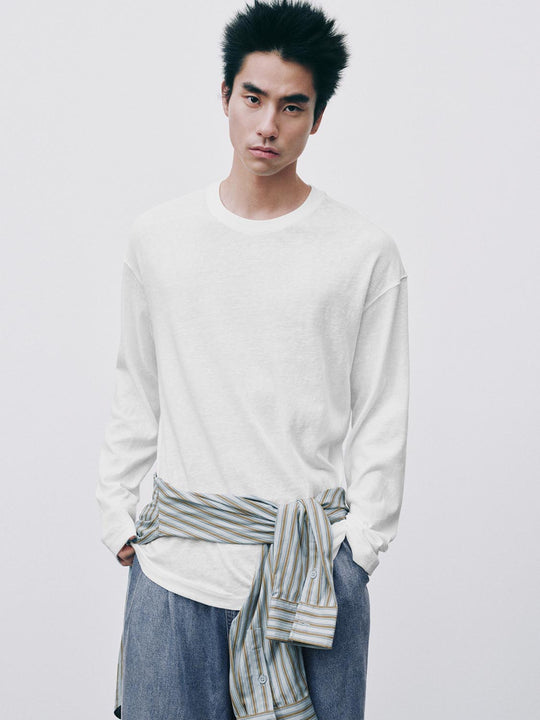 Solid Crew Neck Long Sleeve Cotton Blend T-Shirt