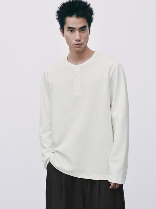 Ribbed Button Front Long Sleeve Cotton Blend T-Shirt