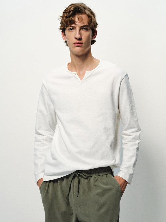 Solid Button Neck Long Sleeve Cotton T-Shirt