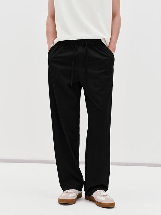 Elastic Waist Drawstring Pull On Straight Leg Cotton Pants