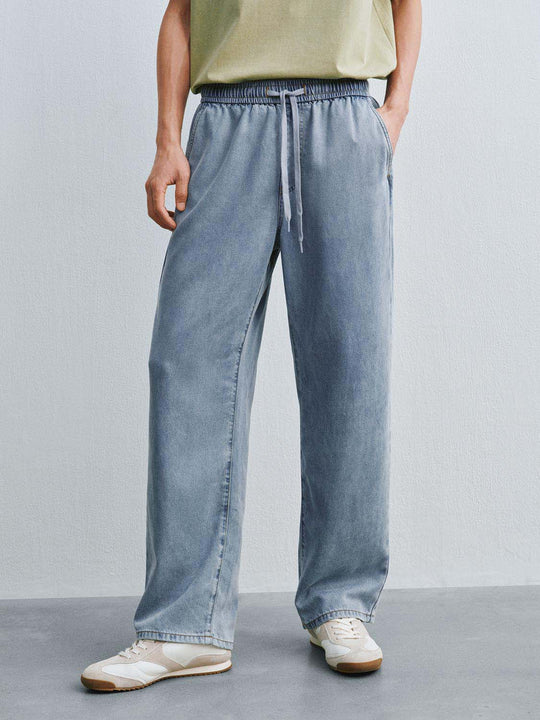 Wash Drawstring Elastic Waist Soft Wide Leg Lyocell Jeans