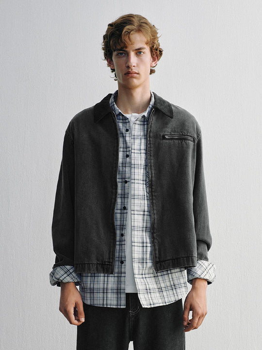 Washed Zippered Chest Pocket Long Sleeve Cotton Jacket