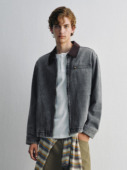 Washed Contrast Collar Zipper Front Cotton Denim Jacket