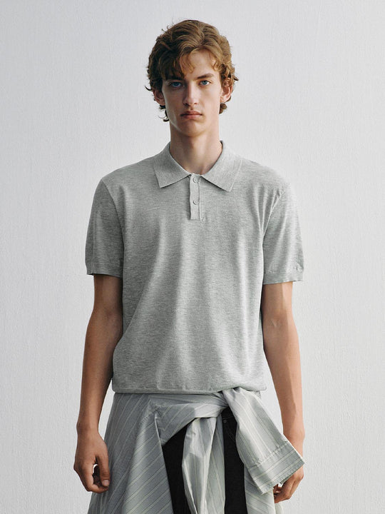 Heather Knit Short Sleeve Placket Button Polo Shirt