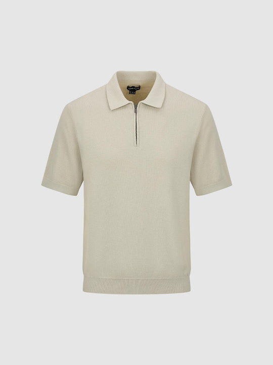 Knit Ribbed Hem Zip Neck Short Sleeve Cotton Shirt