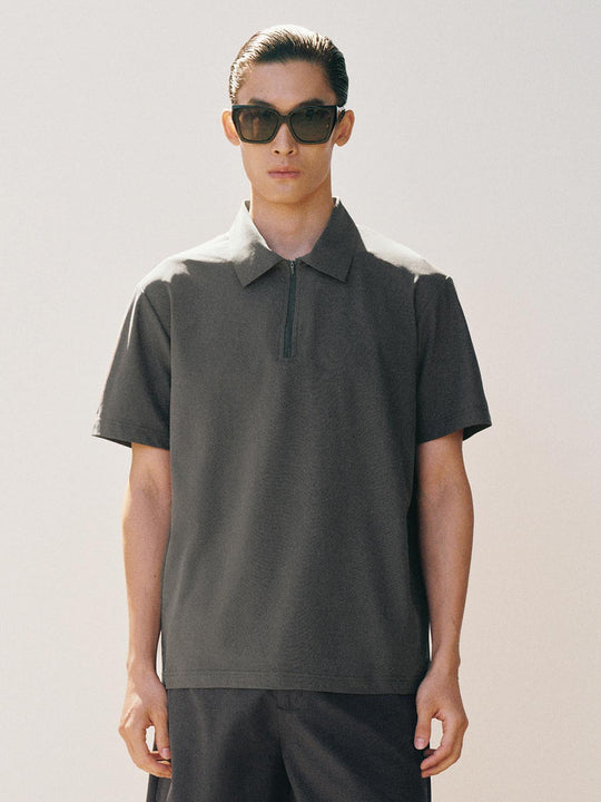 Zip Polo Collar Short Sleeve Nonstretch Shirt