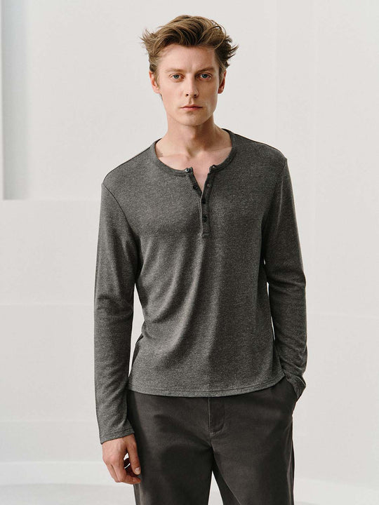 Textured Long Sleeve Button Placket T-shirt