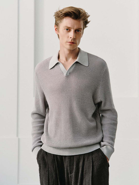 Textured Long Sleeve Shirt Collar Linen Blend Sweater