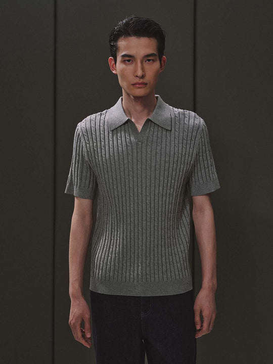 Ribbed Polo Collar Knit Pullover