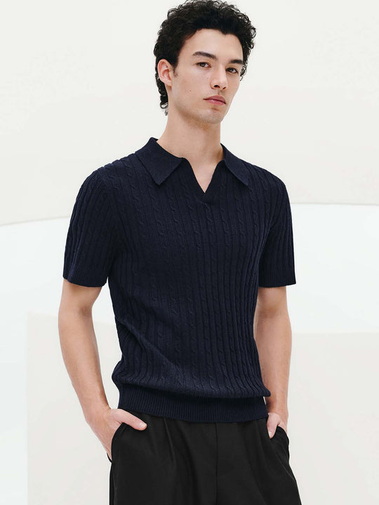Ribbed Cable Knit Polo With Short Sleeves