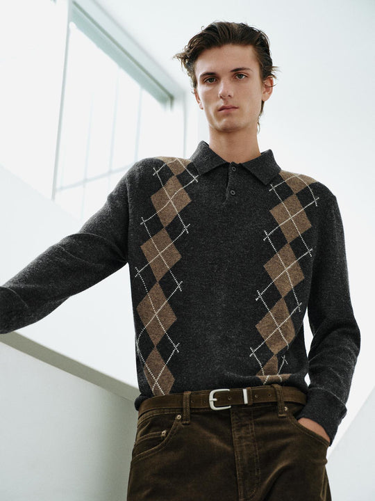 Argyle Long Sleeve Polo Collar Knit Sweater