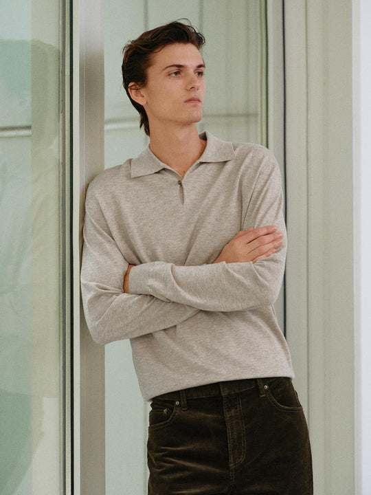 Heathered Ribbed Shirt Collar Long Sleeve Knit Sweater