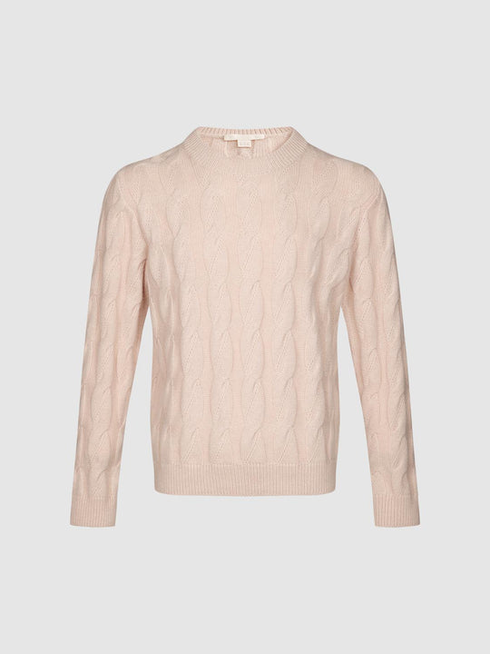 Cable Knit Crew Neck Long Sleeve Wool Blend Sweater