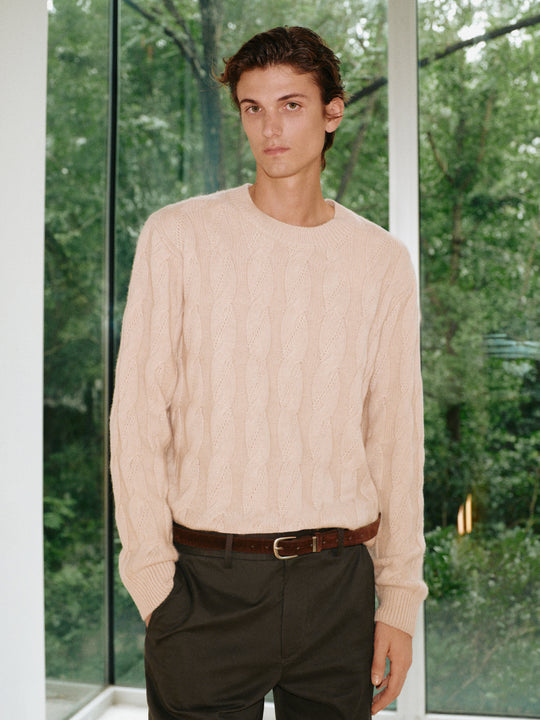 Cable Knit Crew Neck Long Sleeve Wool Blend Sweater
