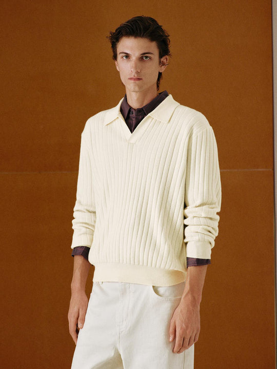 Ribbed Polo Collar Long Sleeve Knit Sweater