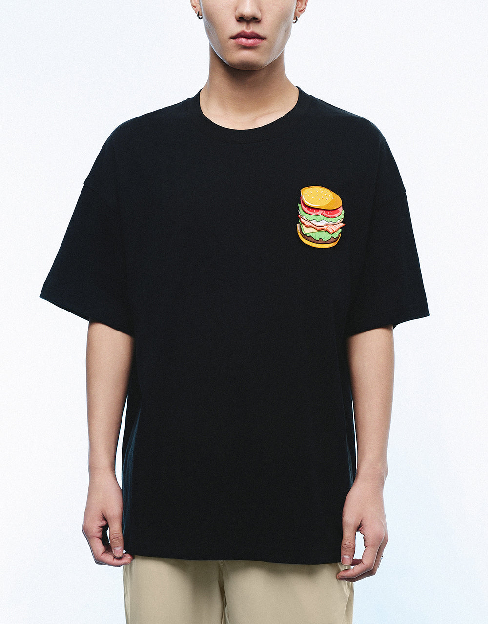 Burger Embossed Crew Neck Loose T-Shirt