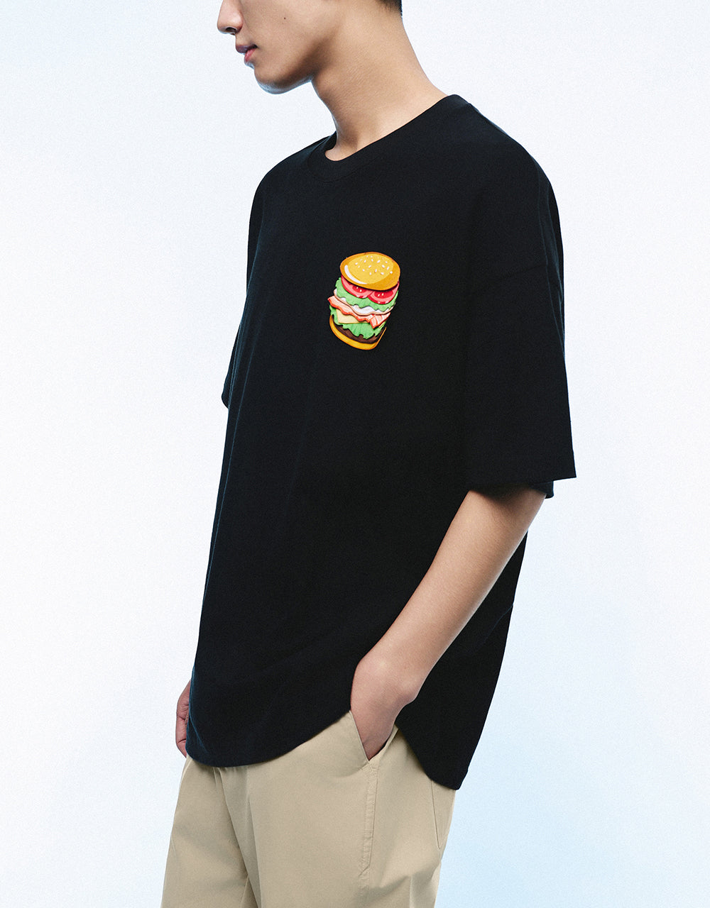 Burger Embossed Crew Neck Loose T-Shirt