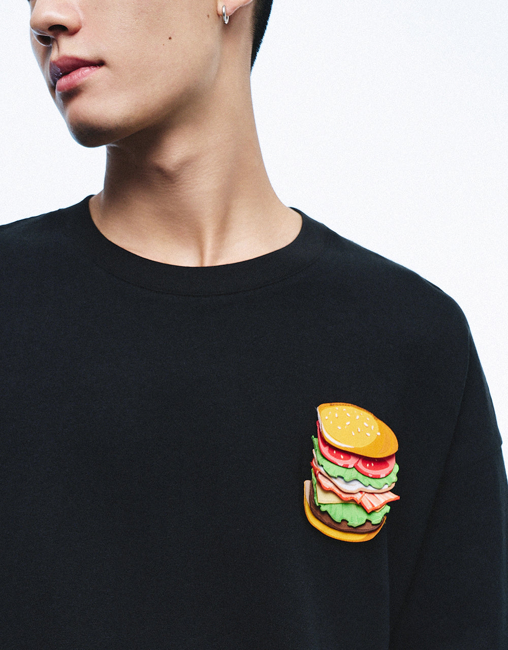 Burger Embossed Crew Neck Loose T-Shirt