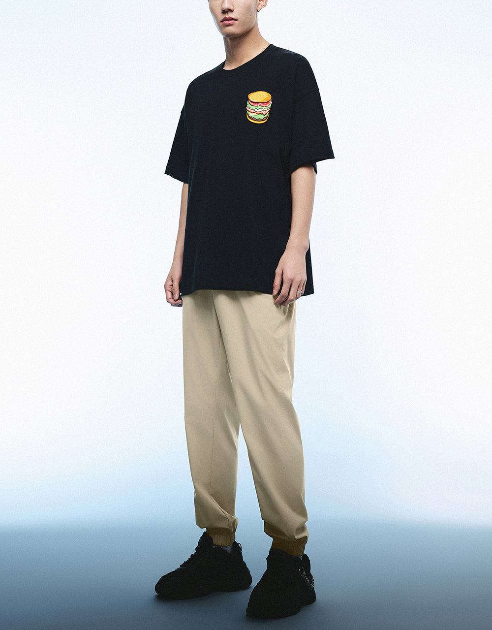 Burger Embossed Crew Neck Loose T-Shirt