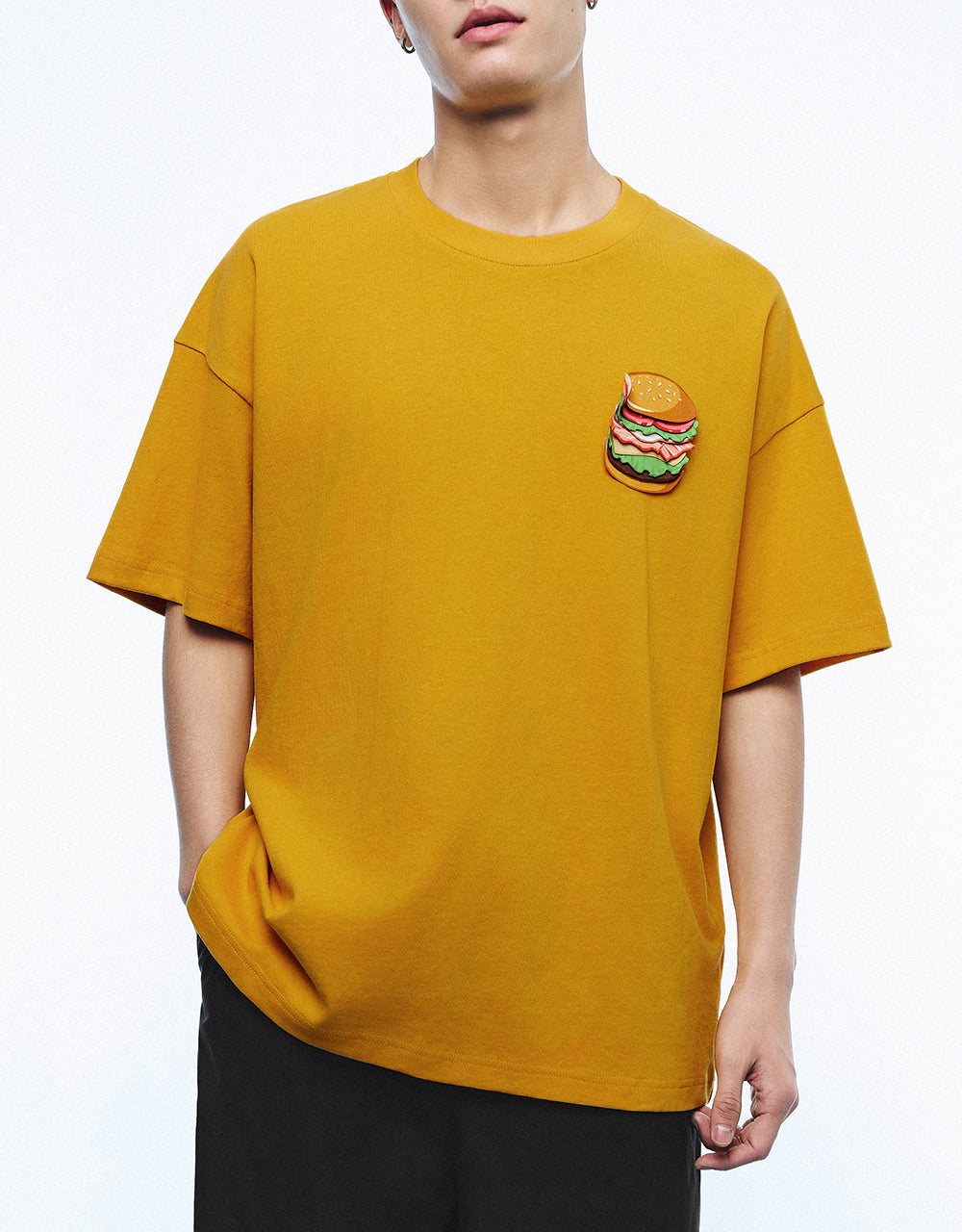 Burger Embossed Crew Neck Loose T-Shirt