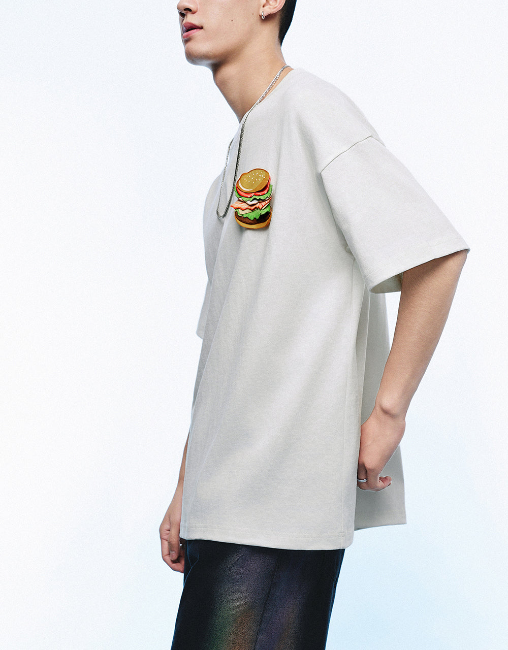 Burger Embossed Crew Neck Loose T-Shirt