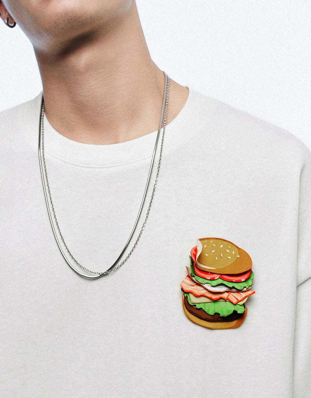 Burger Embossed Crew Neck Loose T-Shirt