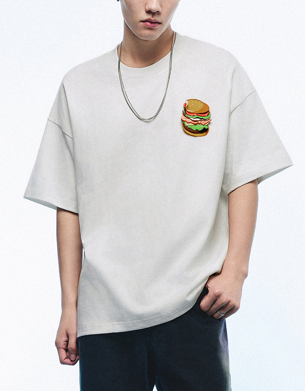 Burger Embossed Crew Neck Loose T-Shirt