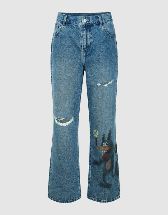 Printed Ripped Straight Jeans